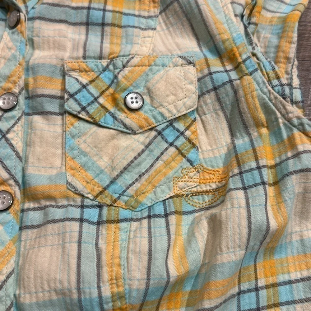 Harley Davidson capped sleeve white/blue/orange plaid embroidered logo top XS - Picture 13 of 13
